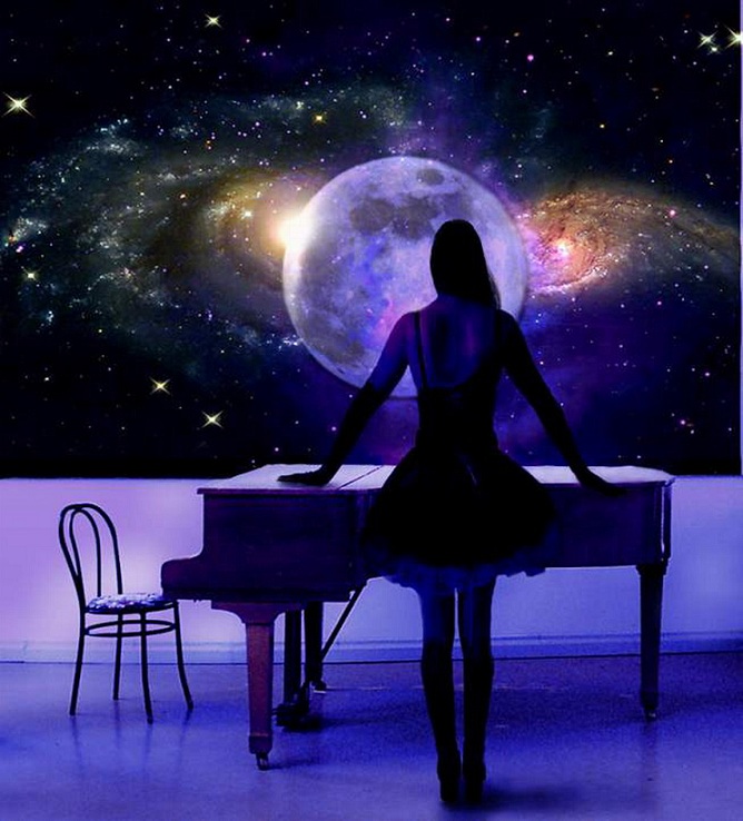 Звучание ночи. Пианино космос. Рояль в космосе. Музыкальная Вселенная. Музыкальное пространство.